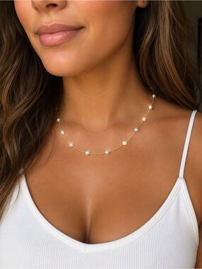 Gold Faux Pearl Station Necklace